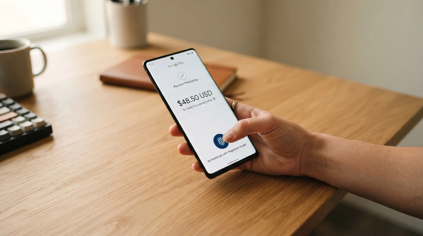 Smartphone che mostra l'interfaccia di Google Pay durante un pagamento su un sito di casinò online