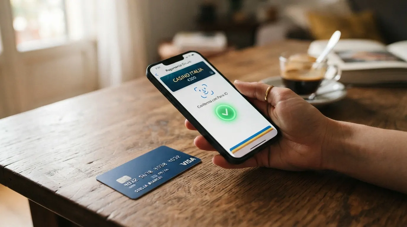 Smartphone con schermata di autorizzazione biometrica Nexi (impronta o riconoscimento facciale) accanto a una carta Nexi fisica appoggiata su un tavolo
