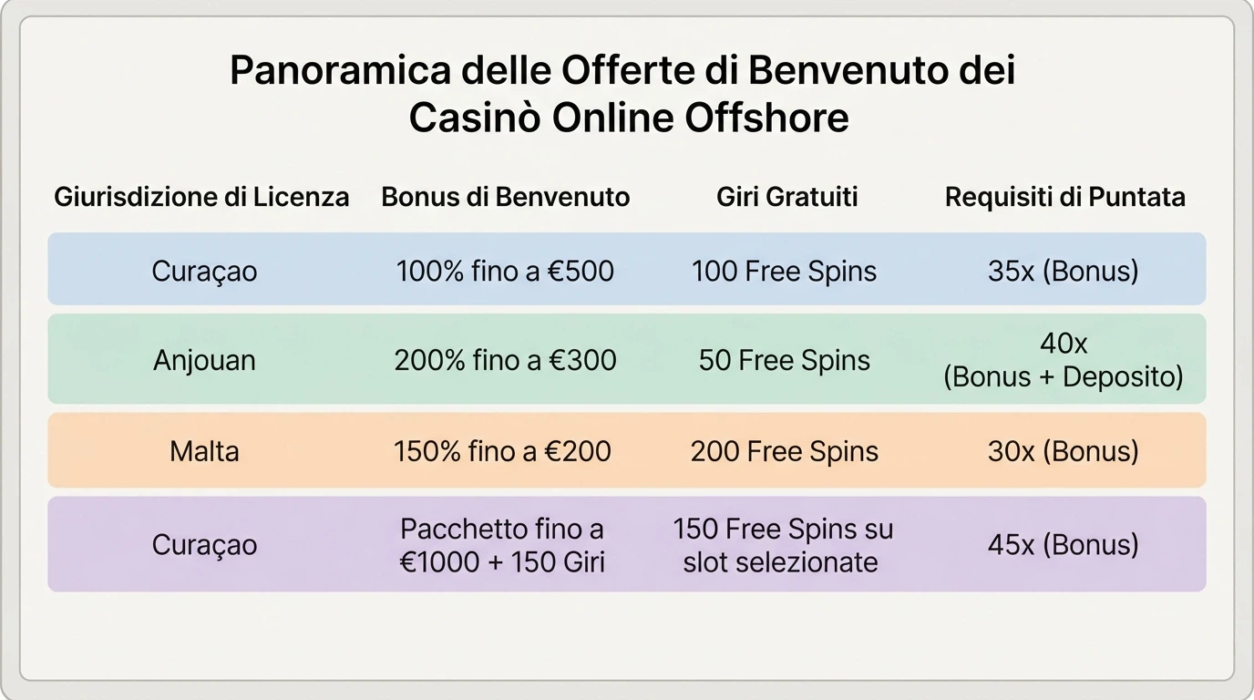 Una tabella comparativa stilizzata con loghi di casinò online internazionali affiancati da icone di bonus, licenze e carte di credito