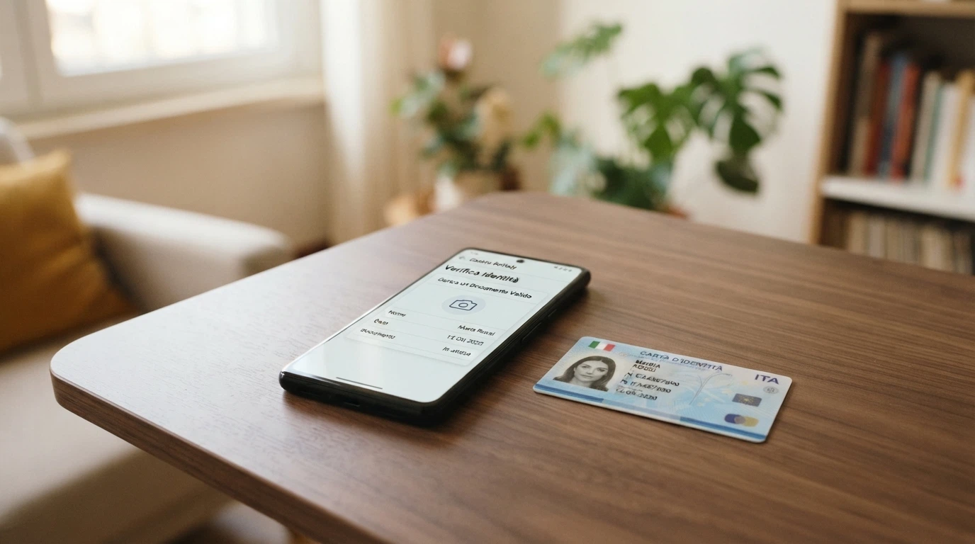 Un documento di identità appoggiato accanto a uno smartphone che mostra la schermata di verifica identità di un casinò online