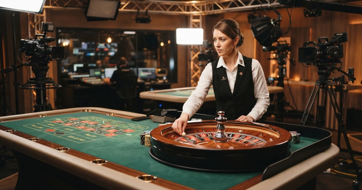 Un tavolo da gioco in primo piano con il logo di Evolution Gaming visibile sullo schermo, croupier in azione, illuminazione da studio televisivo, ambiente professionale