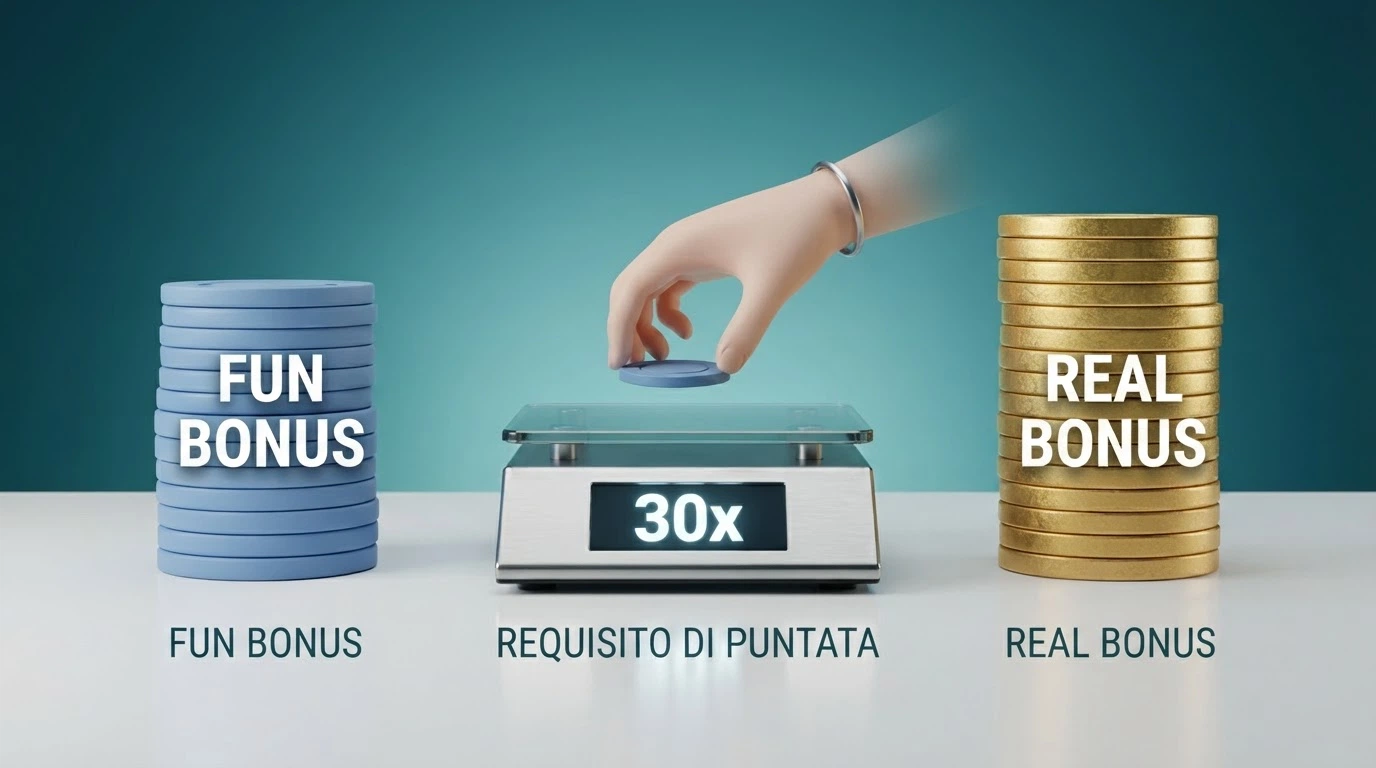 Schema grafico a tre passaggi che illustra il percorso dal Fun Bonus (credito non prelevabile) al Real Bonus (denaro prelevabile) attraverso la fase di wagering, con icone che rappresentano ciascuno stato