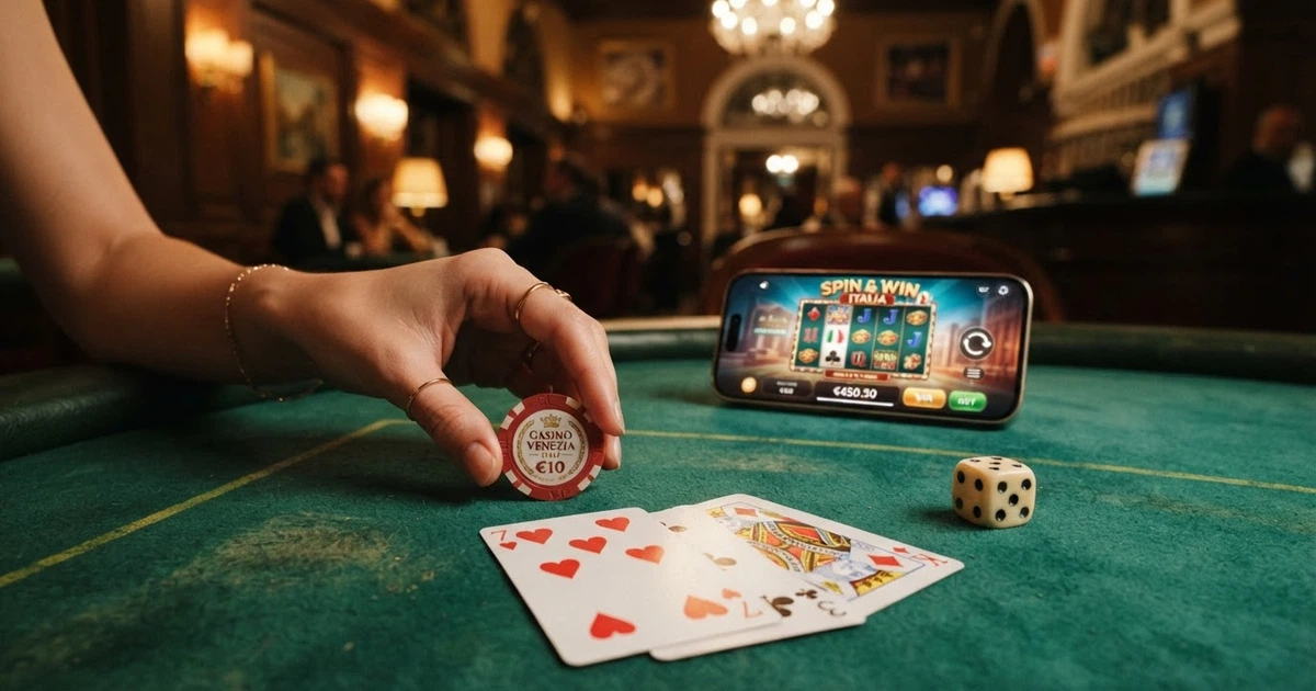 Primo piano di carte da gioco, fiches e un dado su un tavolo verde, con lo schermo di un dispositivo alle spalle che mostra un casinò online