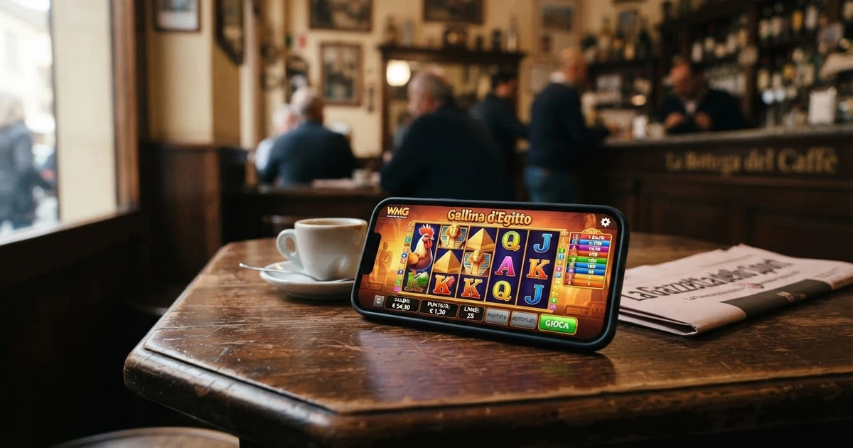 Logo WMG e interfaccia di una slot WMG su schermo di smartphone, con elementi grafici che richiamano lo stile arcade italiano