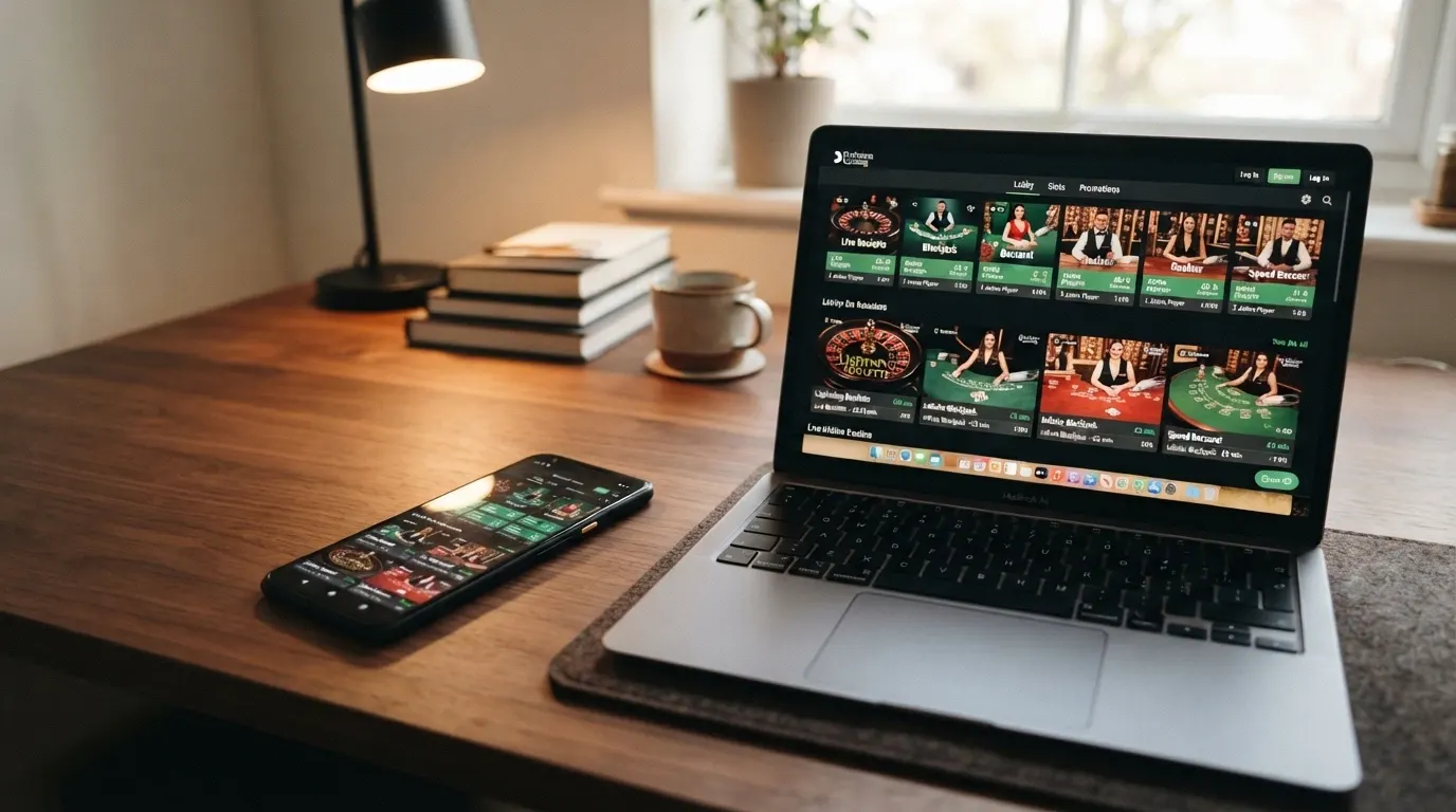 Uno schermo che mostra la lobby di un casinò live con le miniature di roulette, blackjack e baccarat in streaming, affiancato da uno smartphone con la stessa interfaccia in versione mobile