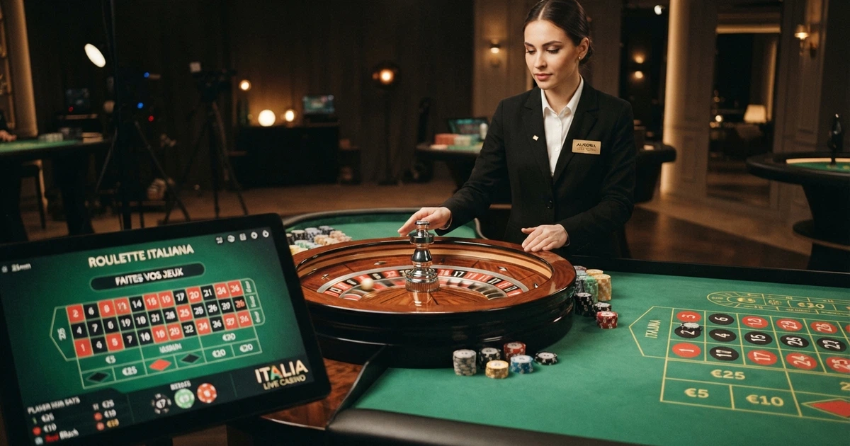 Un tavolo da roulette dal vivo con croupier in uniforme, interfaccia di gioco visibile sullo schermo con puntate piazzate, ambiente da studio professionale di casinò online