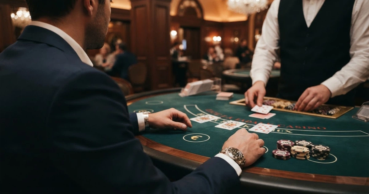 Giocatore davanti a un tavolo da casinò online con puntate elevate su schermo, ambiente elegante