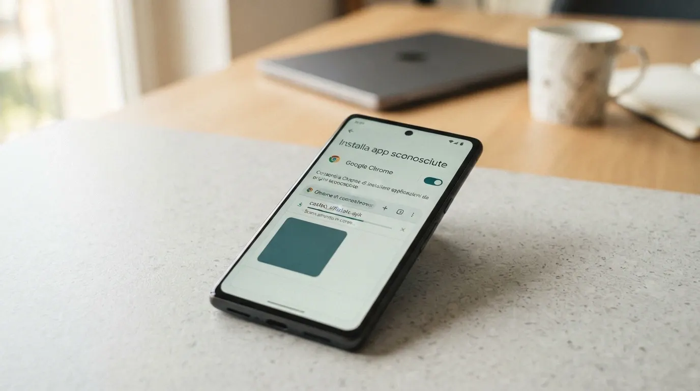 Lo schermo di uno smartphone Android con il pannello delle impostazioni «Installa da fonti sconosciute» attivo e un file APK in fase di download dal sito ufficiale di un operatore