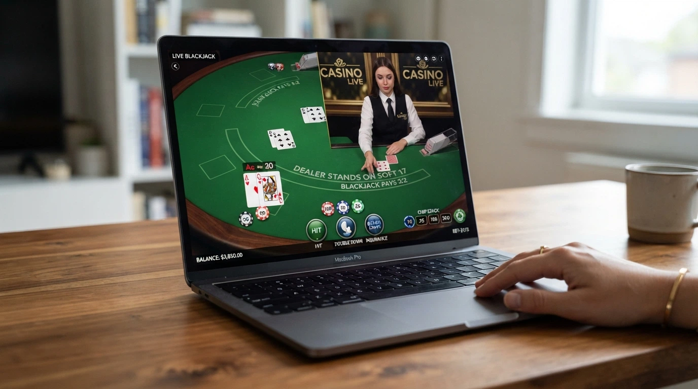 L'interfaccia di un tavolo da blackjack live su schermo, con le carte disposte sul tavolo verde, il pannello delle puntate virtuali in basso e la finestra del croupier in sovrimpressione nell'angolo