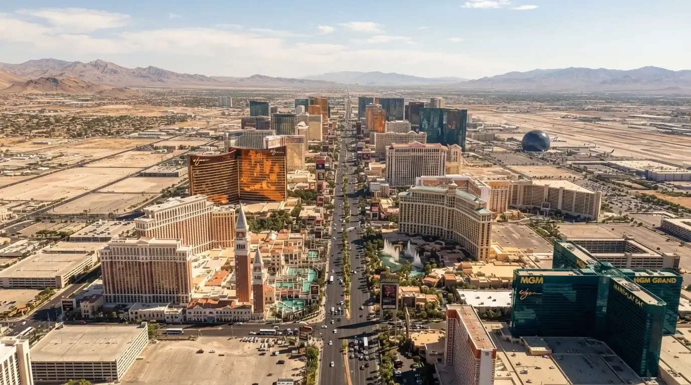 Veduta aerea della Las Vegas Strip di giorno con la distesa dei resort-casinò che si estende per 4,2 miglia nel deserto del Mojave