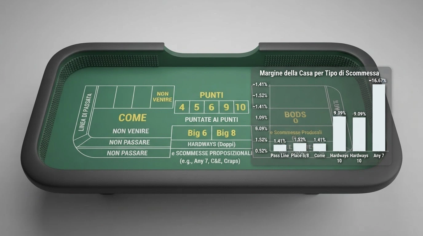 Layout del tavolo da craps con le aree di puntata evidenziate: Pass Line, Don't Pass, Come, Field e piazzati