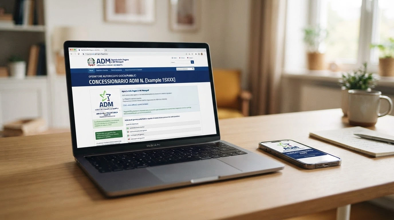 Il logo dell'Agenzia delle Dogane e dei Monopoli accanto alla dicitura «Concessionario ADM» e al numero di una concessione attiva