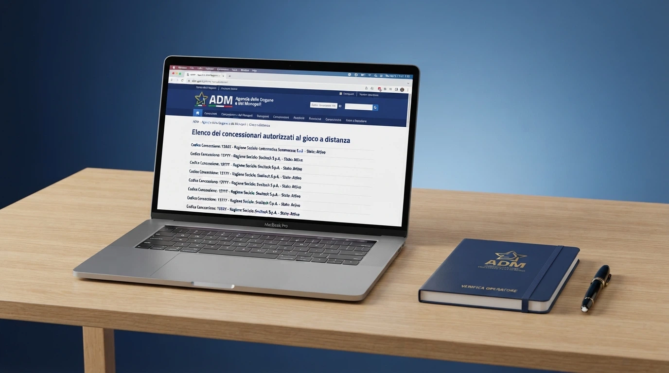 Lo schermo di un computer mostra il sito ufficiale dell'Agenzia delle Dogane e dei Monopoli con il registro dei concessionari autorizzati, affiancato dal logo ADM e da un lucchetto di sicurezza