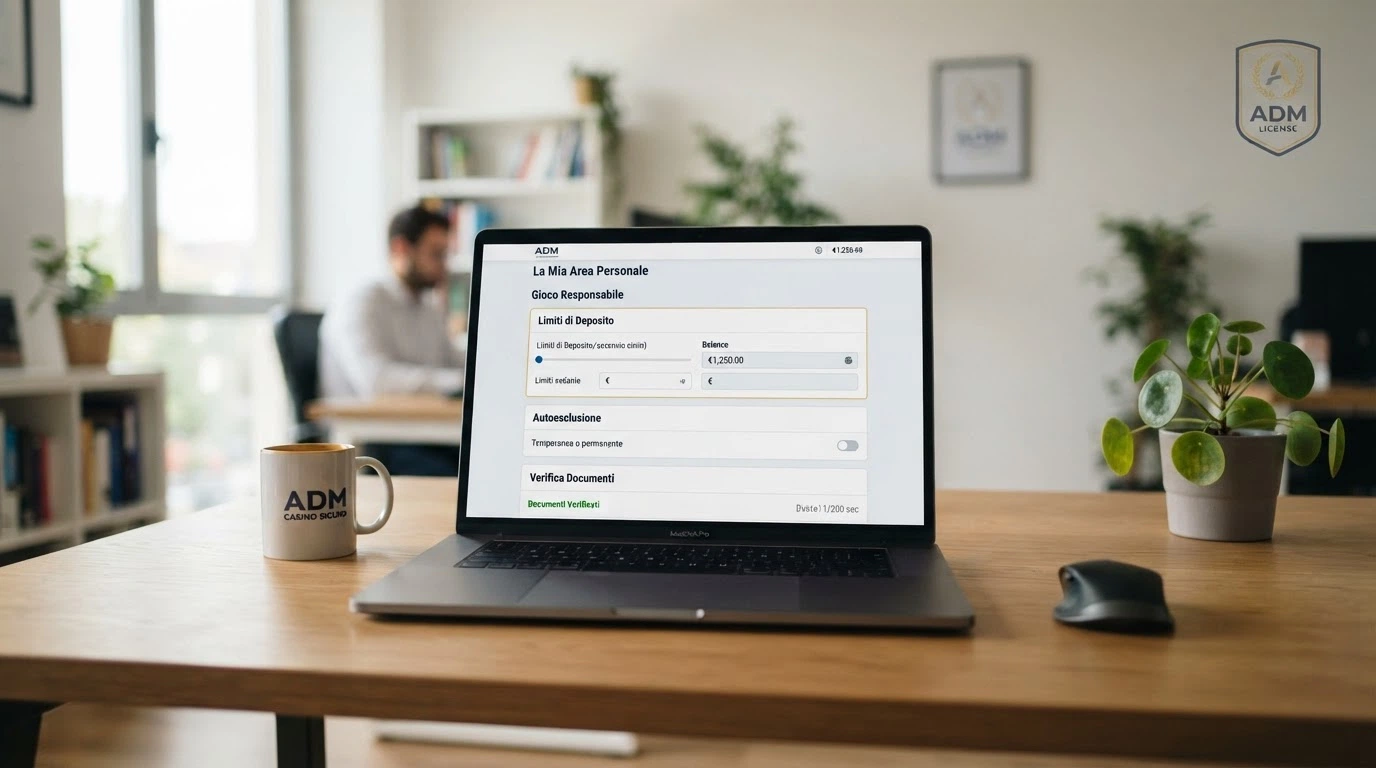 Lo schermo di un'area personale di un concessionario ADM mostra le sezioni limiti di deposito, autoesclusione e verifica documenti, con il logo ADM visibile nel footer.