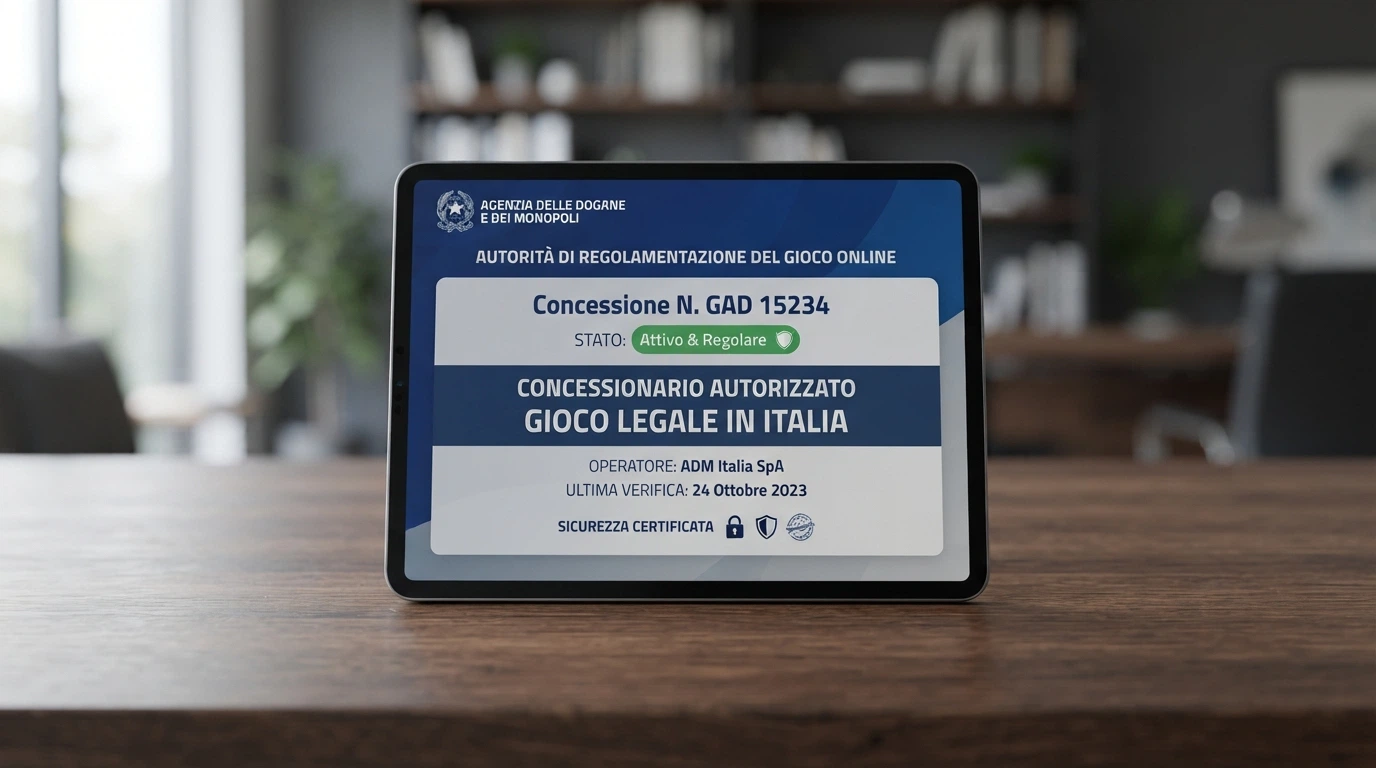Il logo ufficiale ADM (Agenzia delle Dogane e dei Monopoli) accanto alla scritta «Concessionario autorizzato al gioco a distanza» su sfondo pulito istituzionale