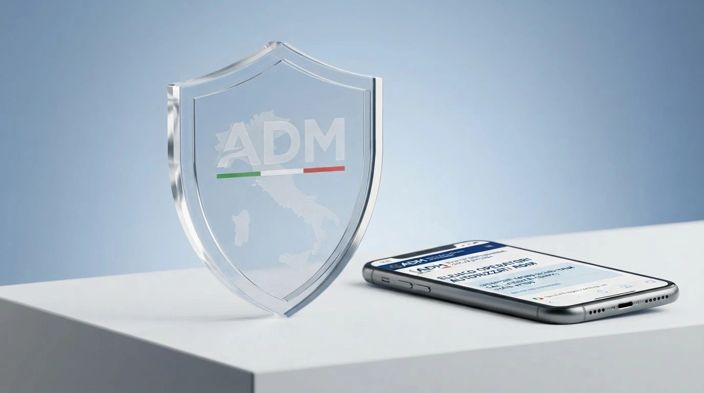 Il logo ufficiale dell'Agenzia delle Dogane e dei Monopoli accanto alla schermata del registro concessionari online con un operatore selezionato