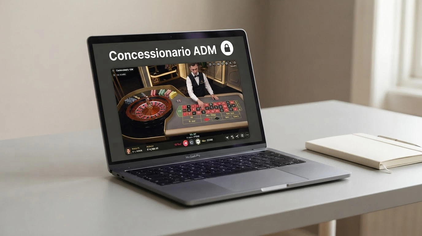 Il logo dell'Agenzia delle Dogane e dei Monopoli accanto alla schermata di un tavolo live con il simbolo del lucchetto e la dicitura «Concessionario ADM» nell'interfaccia