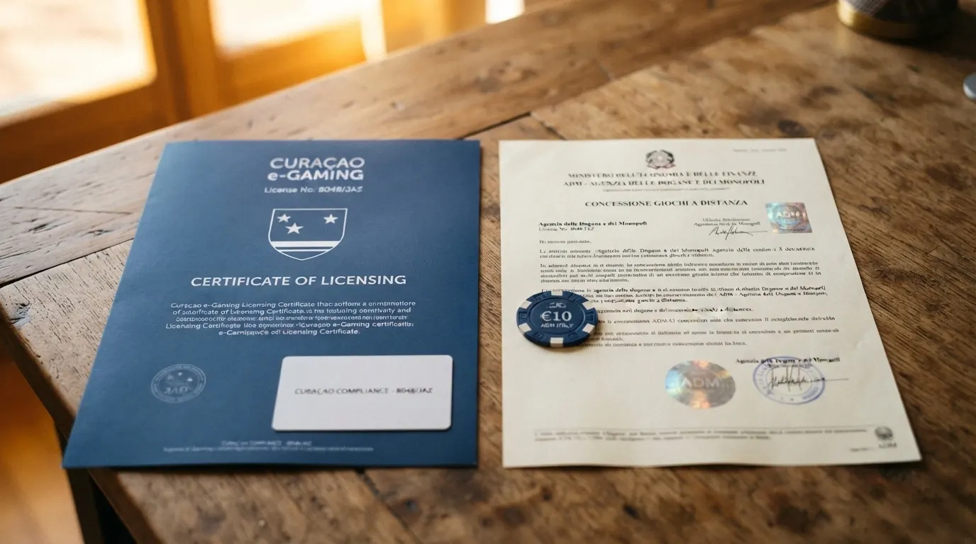 Un confronto visivo tra un certificato di licenza Curaçao e una concessione ADM italiana, con i simboli delle tutele (scudo, lucchetto) solo sul lato ADM