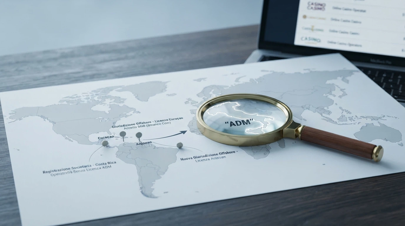 Una mappa stilizzata che mostra le giurisdizioni delle licenze da cui operano i casinò BNB — Curaçao, Anjouan, Costa Rica — con l'Italia evidenziata e la dicitura ADM assente