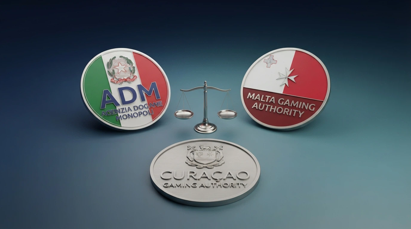 Tre sigilli di licenza affiancati — il logo dell'ADM, il logo della Malta Gaming Authority e il logo della Curaçao Gaming Authority — con una bilancia al centro
