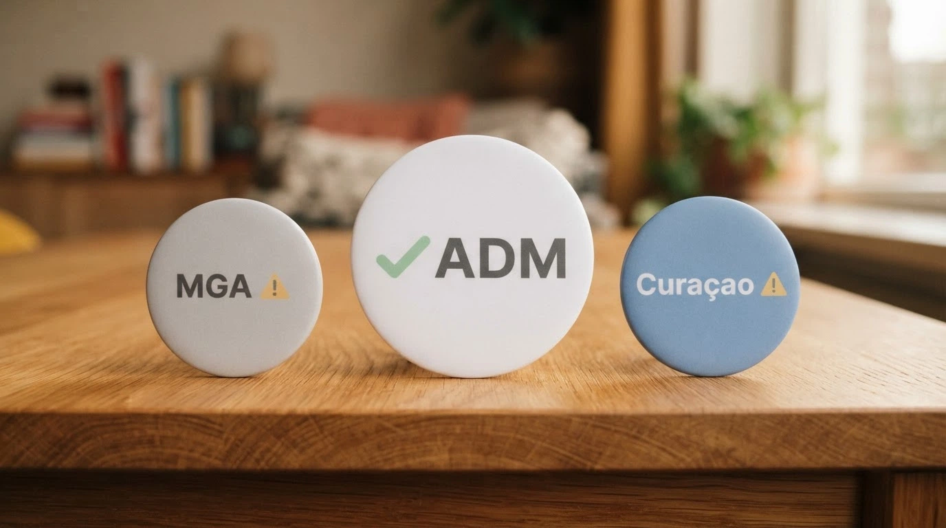 Tre badge affiancati con i loghi delle autorità ADM, MGA e Curaçao eGaming, con una spunta verde solo sul primo e icone di avvertimento sugli altri due
