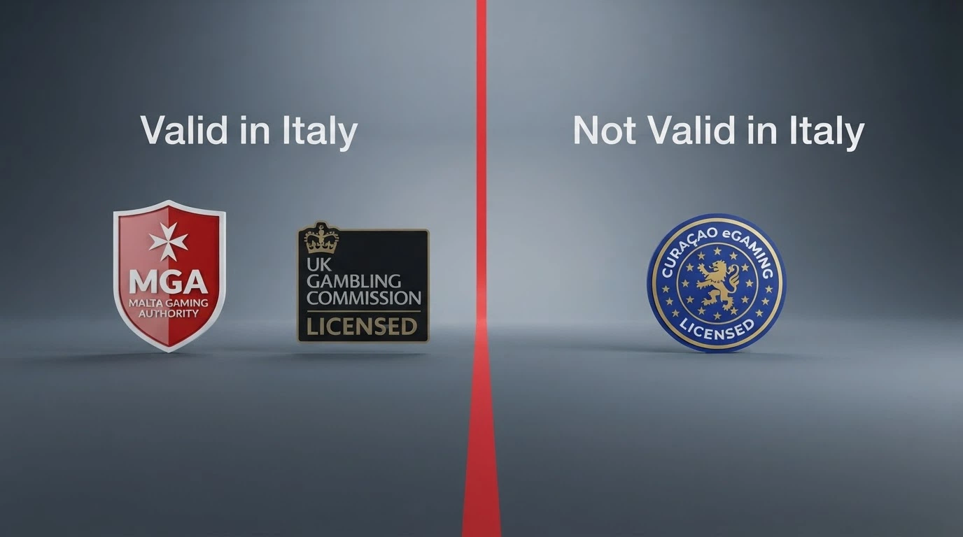 Tre sigilli di licenza affiancati — MGA, Curaçao, UKGC — con una linea rossa che separa la colonna «valido in Italia» dalla colonna «non valido in Italia»