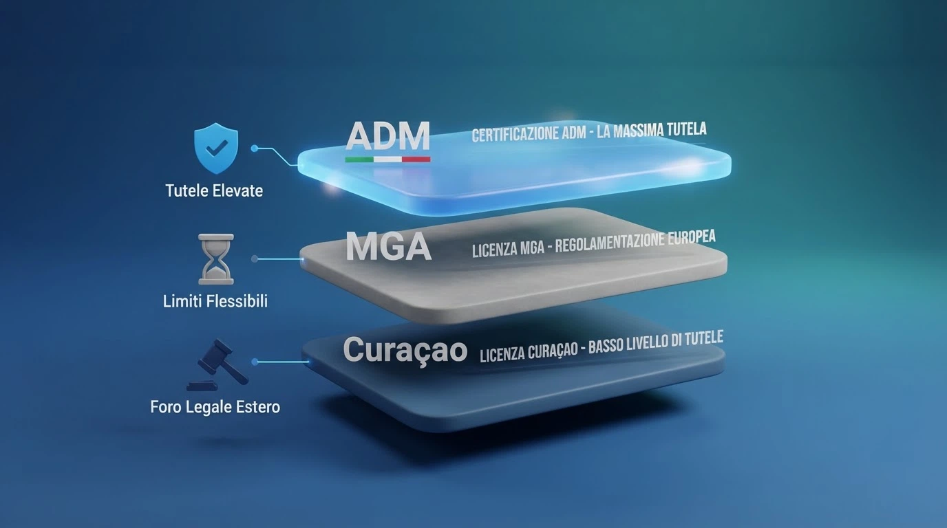 Una mappa concettuale con i tre livelli di licenza: ADM, MGA, Curaçao, e le tutele associate a ciascuno