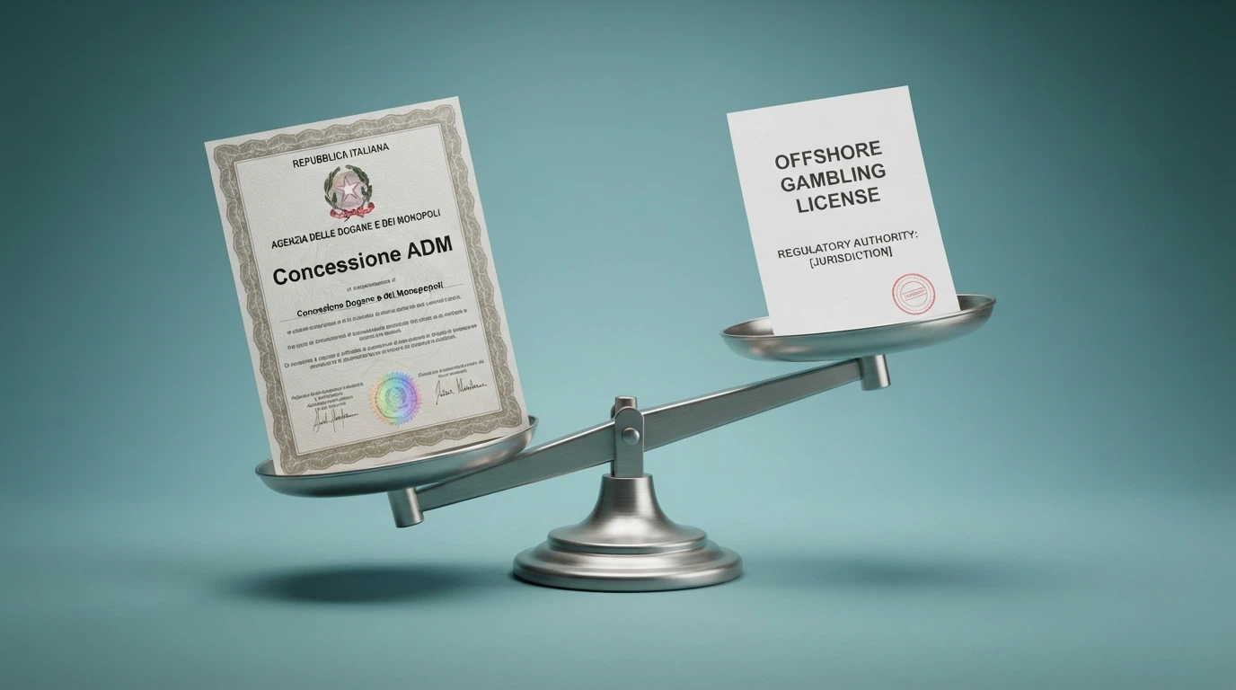 Un confronto visivo tra un certificato di concessione ADM e una licenza offshore generica, con una bilancia che pende dal lato ADM
