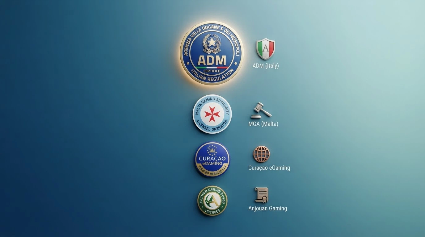 I loghi delle autorità di licenza (ADM, MGA, Curaçao eGaming, Anjouan) disposti in scala, con ADM in evidenza e indicatori delle tutele associate a ciascuna