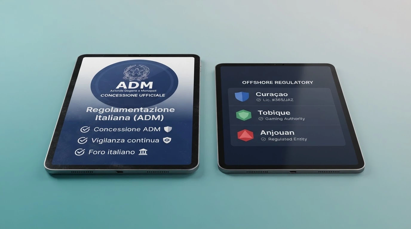 Un confronto visivo tra il logo ADM e i loghi o certificati delle giurisdizioni offshore (Curaçao, Tobique, Costa Rica) affiancati
