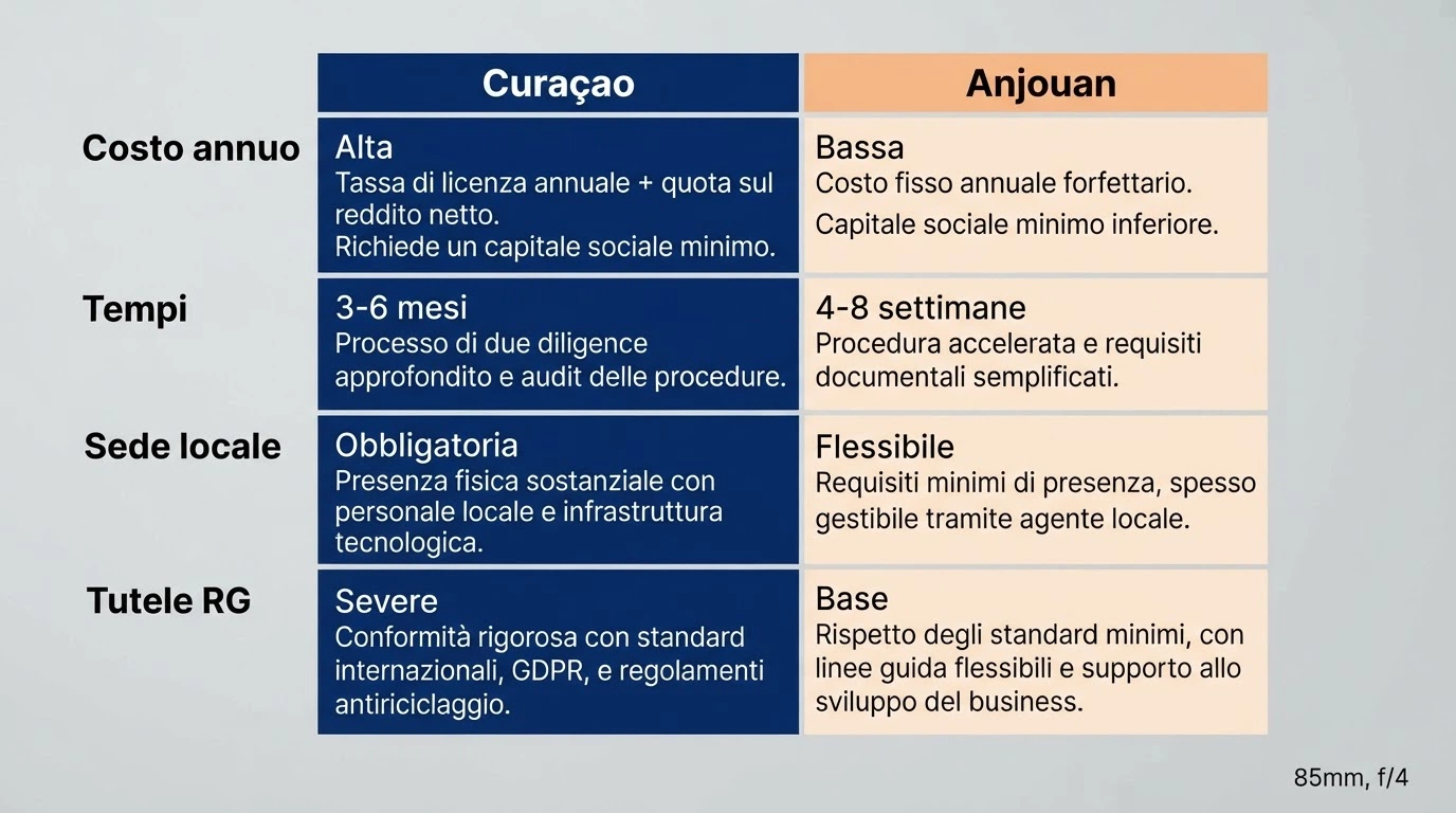 Una tabella comparativa stilizzata con le voci «Costo annuo», «Tempi», «Sede locale», «Tutele RG» — la colonna Curacao è più densa di quella Anjouan