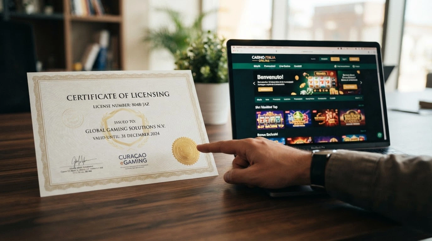 Primo piano di un certificato di licenza Curaçao eGaming con sigillo ufficiale, appoggiato su una scrivania accanto alla schermata di un casinò online in italiano.