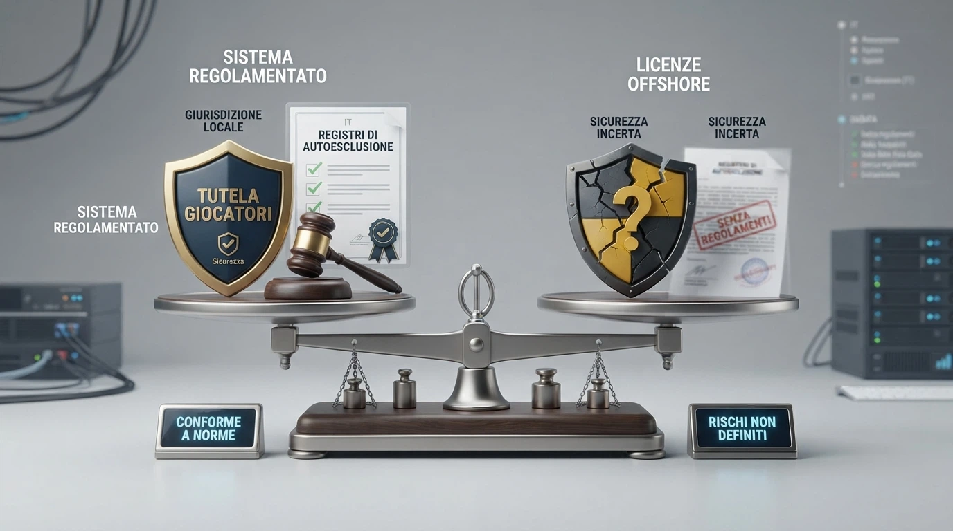 Una mappa concettuale che mette a confronto il sistema concessorio ADM con le licenze offshore di Curaçao e Anjouan, evidenziando tutele assenti e protezioni garantite