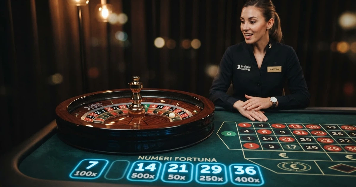 Interfaccia del tavolo Lightning Roulette Evolution con ruota europea, Lucky Numbers illuminati e croupier dal vivo in studio