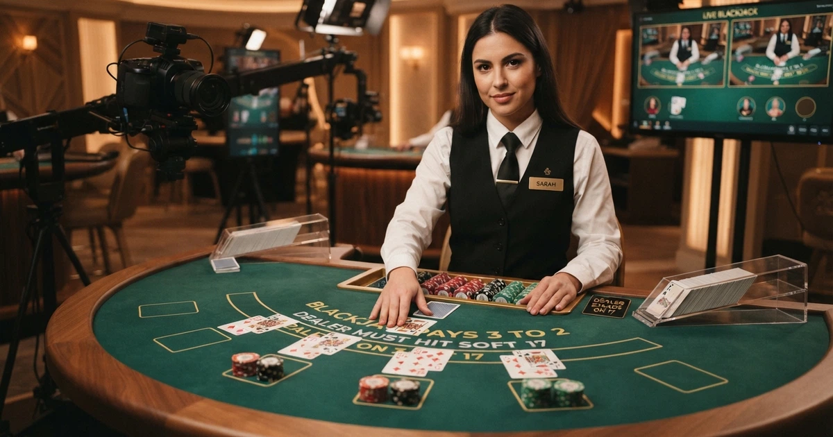 Un tavolo da blackjack dal vivo con croupier in uniforme, carte disposte sul tavolo verde e interfaccia di puntata su schermo, inquadratura multi-camera in streaming HD