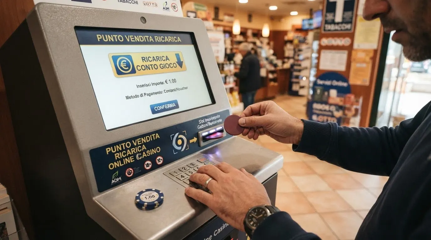 Un terminale self-service di un Punto Vendita Ricarica in Italia con l'insegna di un concessionario ADM e l'opzione «ricarica conto gioco» visibile sullo schermo.