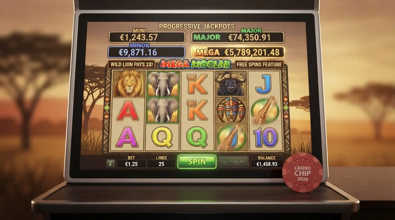 La schermata di Mega Moolah con il jackpot progressivo a quattro livelli e i rulli a tema savana