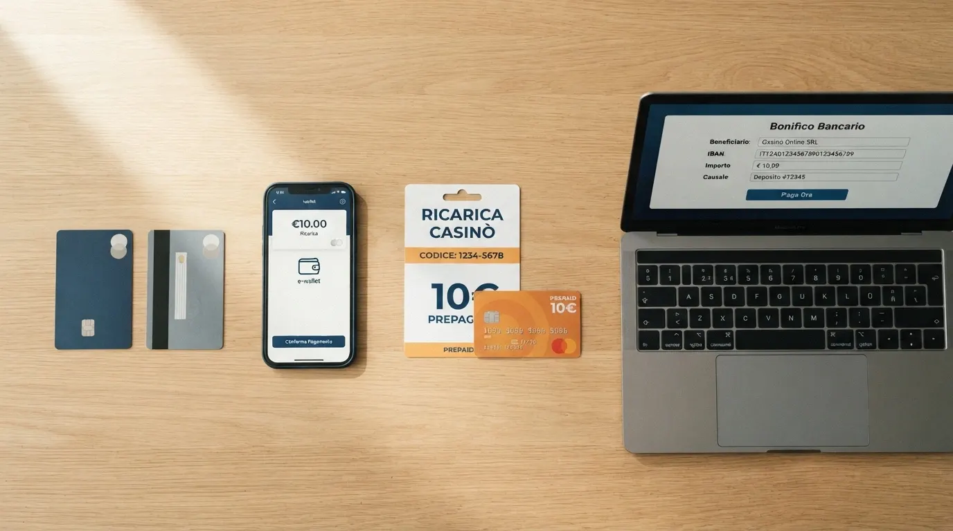 Una vista d'insieme dei metodi di pagamento (carta, smartphone con wallet, voucher fisico, schermata di bonifico) disposti in orizzontale, con l'indicazione del deposito minimo sotto ciascuno