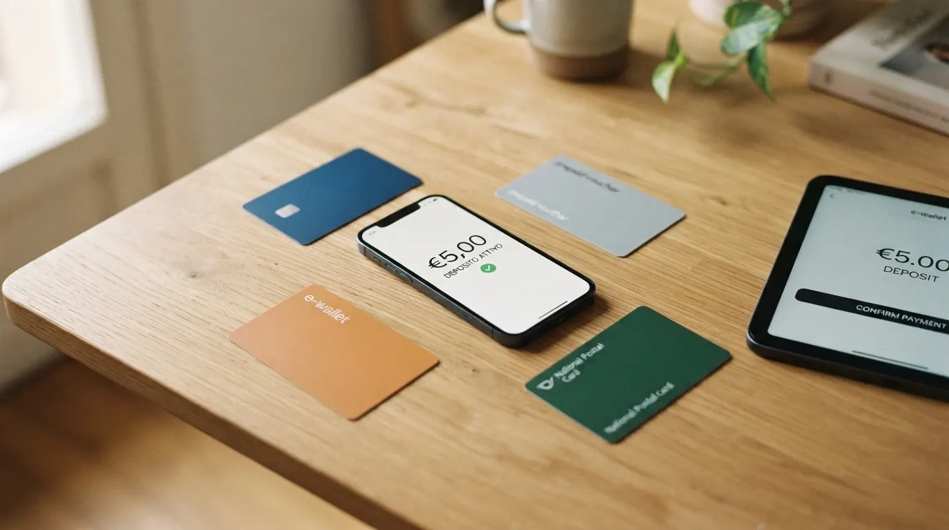 Una gamma di strumenti di pagamento — carta di credito, smartphone con Apple Pay, voucher Paysafecard, schermata PayPal e Skrill — disposti attorno alla cifra «5 €»