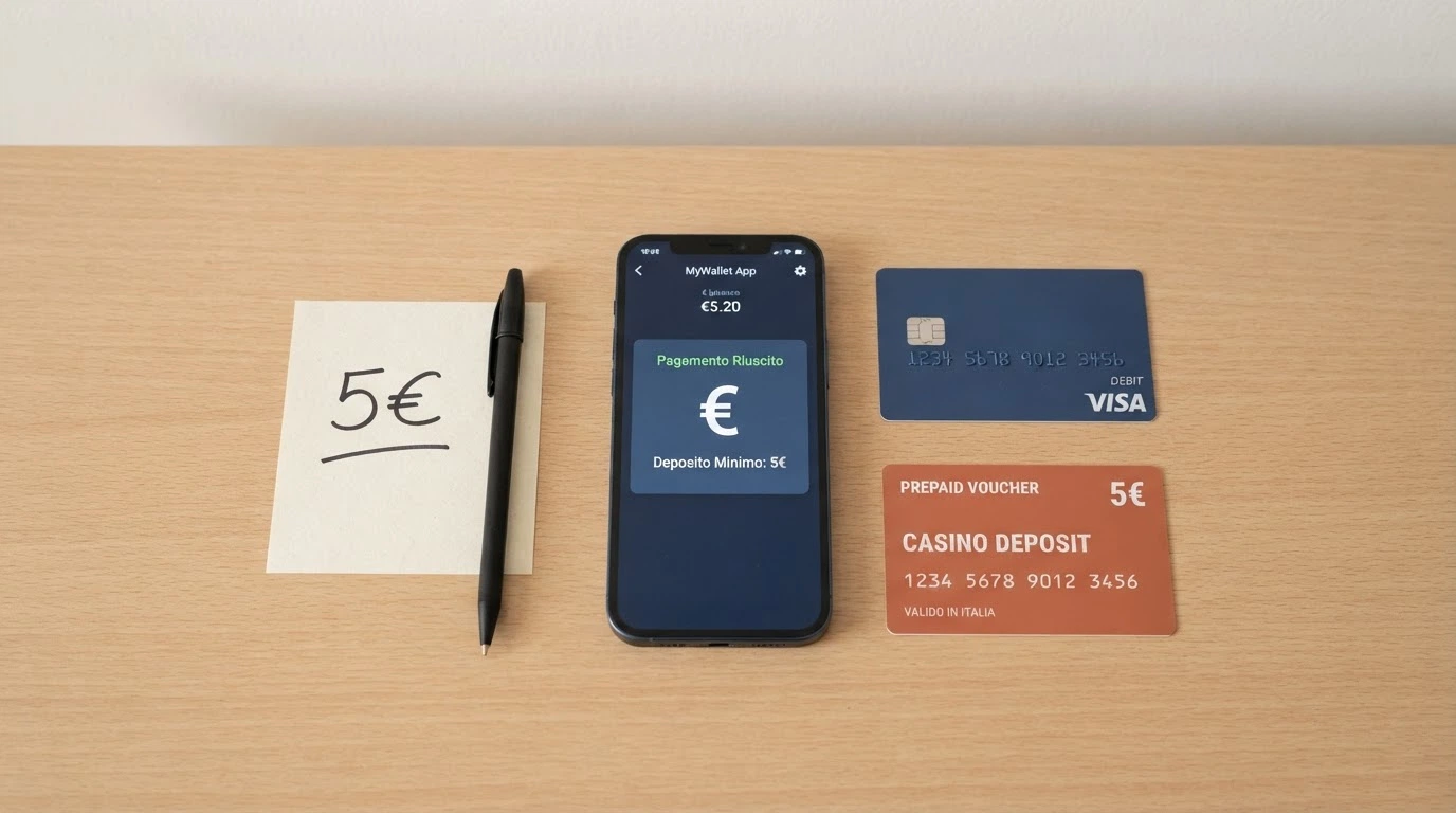 Una carta di credito, uno smartphone con l'app di un portafoglio digitale e un tagliando Postepay disposti su una scrivania accanto a un foglio con la cifra «5€»
