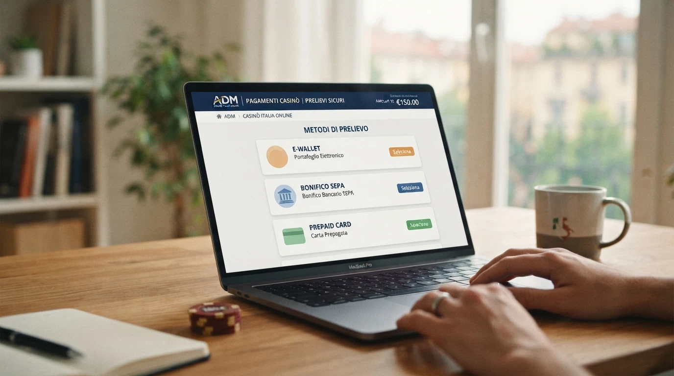 La pagina di prelievo di un casinò online italiano con le opzioni di pagamento disponibili: PayPal, Skrill, Neteller, bonifico SEPA e Postepay, con gli importi e i tempi di accredito indicati accanto a ciascun metodo