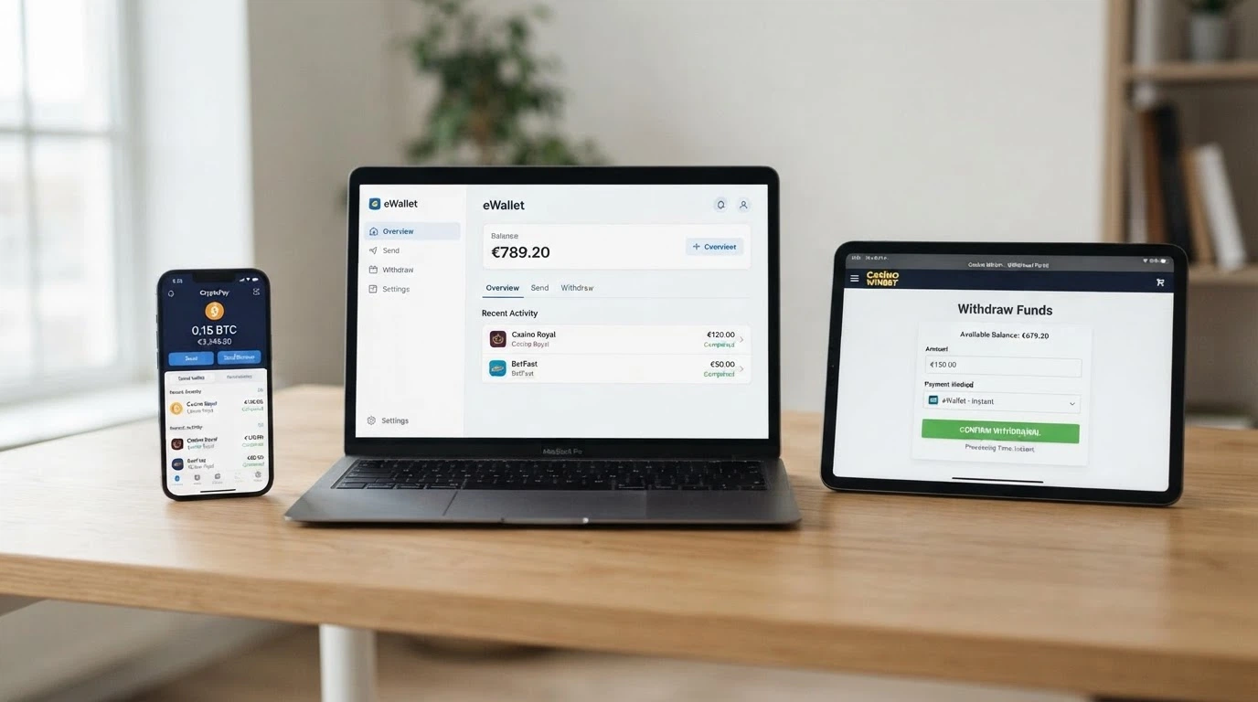 Tre dispositivi affiancati — uno smartphone con wallet crypto, un portatile con interfaccia Skrill e un tablet con il pannello prelievo di un casinò — a confronto su una scrivania