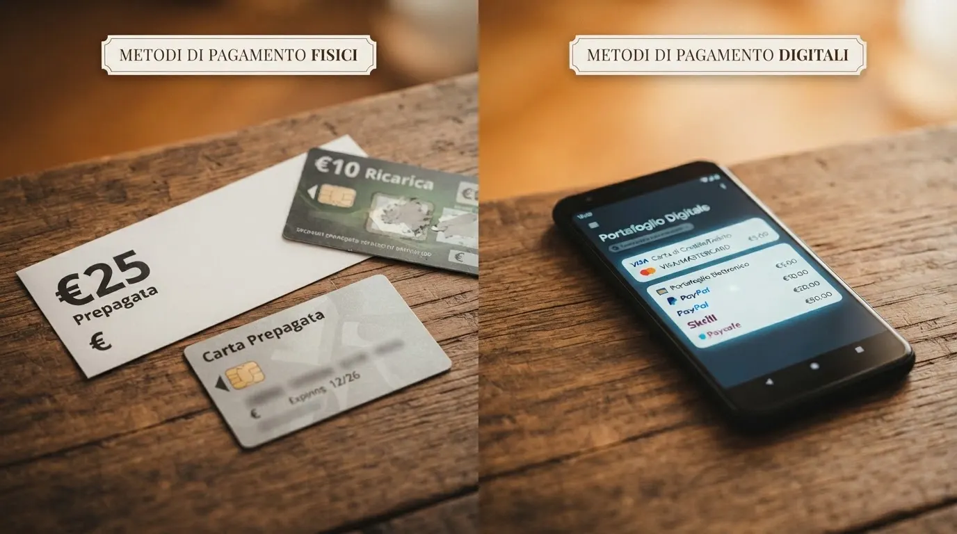 Le icone dei principali metodi di pagamento accettati dai casinò online ADM — carte di credito, portafogli elettronici, voucher prepagati e punto vendita — disposte in due gruppi: canali fisici a sinistra e canali online a destra