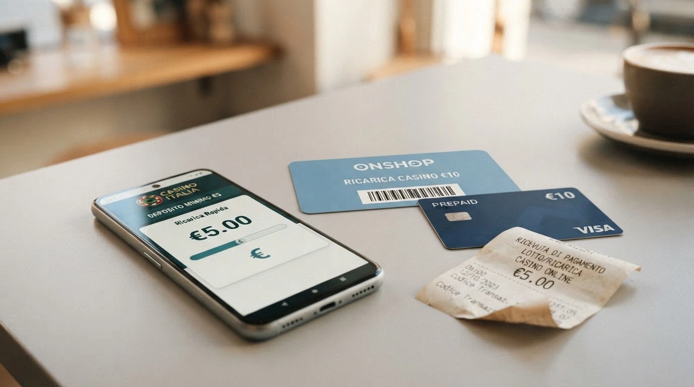 Un telefono cellulare accanto a un tagliando OnShop e una carta prepagata, disposti su uno sfondo che richiama l'interfaccia di un casinò online