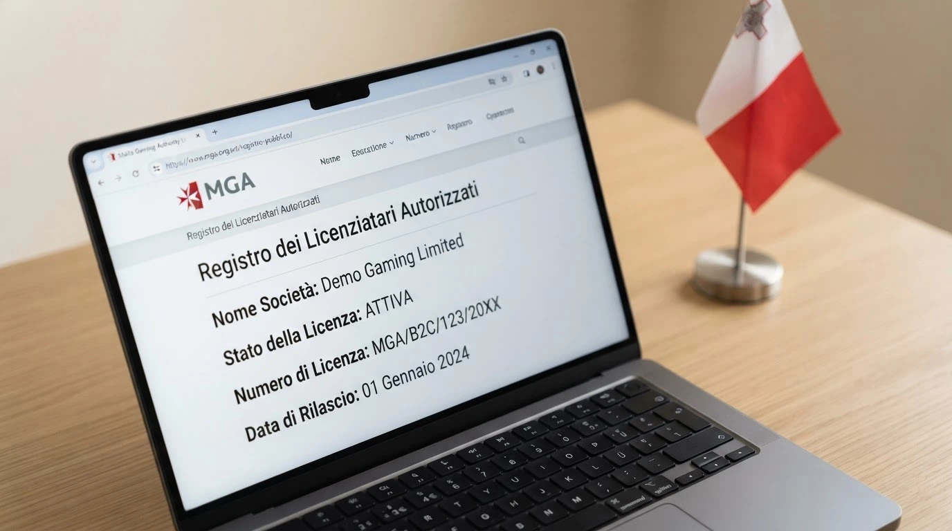 Un dettaglio del registro pubblico MGA aperto su un browser, con una licenza B2C in evidenza e la bandiera maltese a fianco.