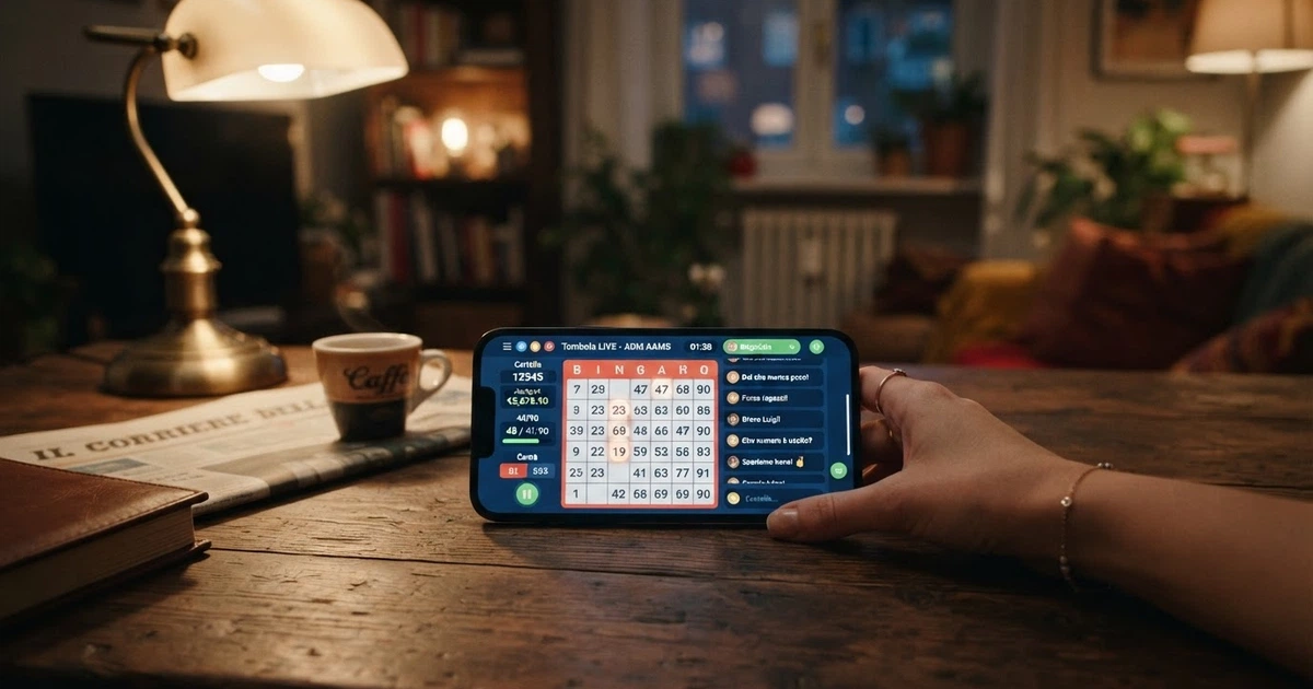 Una sala bingo online con cartelle numerate sullo schermo, numeri estratti in evidenza e l'interfaccia di gioco di un concessionario ADM