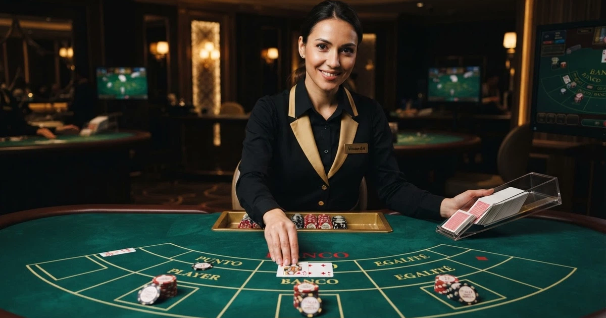 Un tavolo da punto banco live con croupier in uniforme, carte disposte sul tavolo verde e le aree di puntata Punto, Banco ed Egalité illuminate