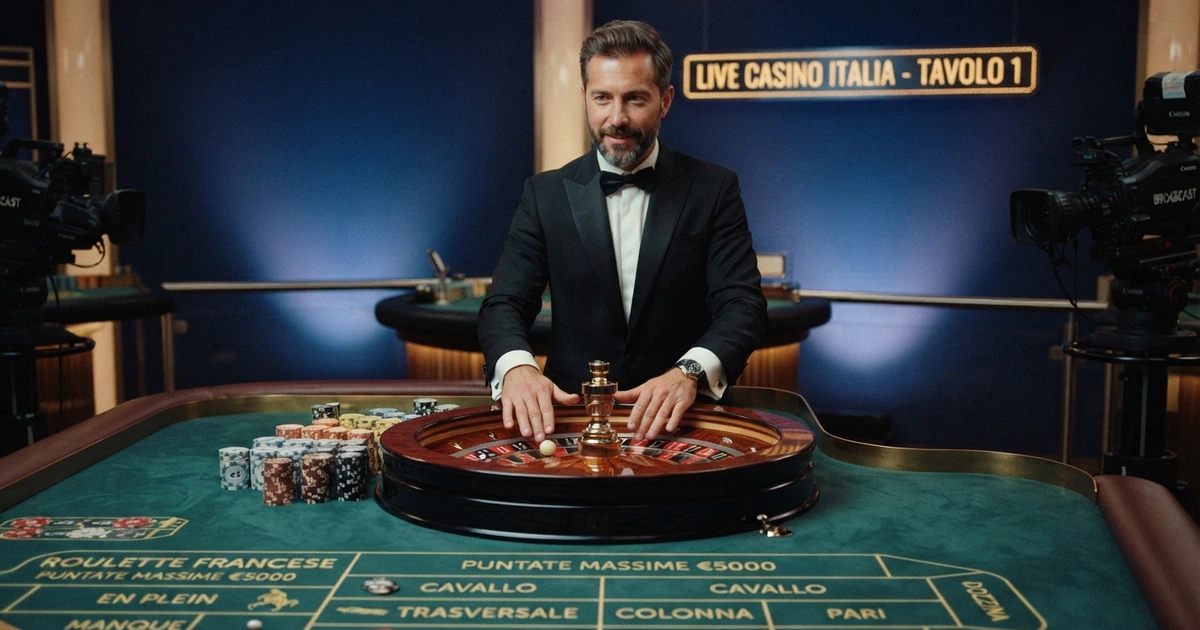 Un croupier dal vivo in smoking davanti a un tavolo da roulette, inquadrato da più telecamere in uno studio professionale illuminato, con lo schermo di gioco visibile sullo sfondo