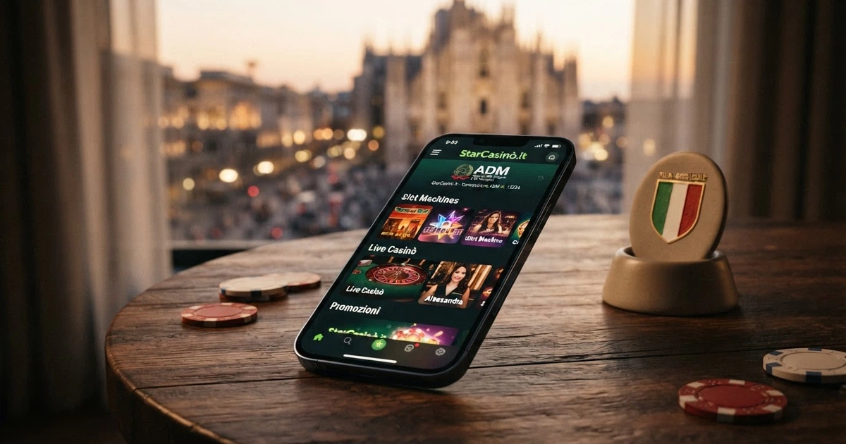 Uno smartphone che mostra l'interfaccia di un'app casinò con la schermata della lobby giochi, affiancato dal logo ADM e da icone di slot e live dealer