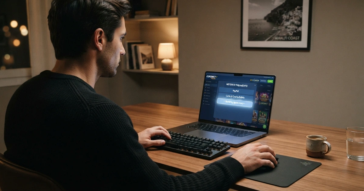 Un giocatore seduto al computer con lo schermo che mostra l'area pagamenti di un casinò online, l'opzione bonifico bancario è evidenziata tra i metodi di deposito disponibili